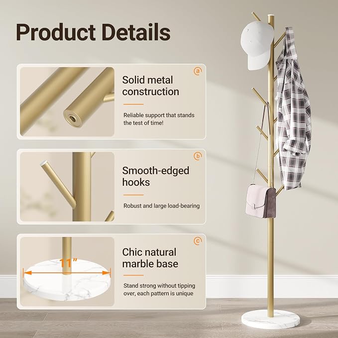 Coat Rack Freestanding, Metal Coat Rack with Natural Marble Base, Gold | 10 Hooks, 3 Adjustable Heights, Heavy Duty Coat Tree for Bags, Clothes, and Hats for Entryway, Bedroom, Hallway, Office