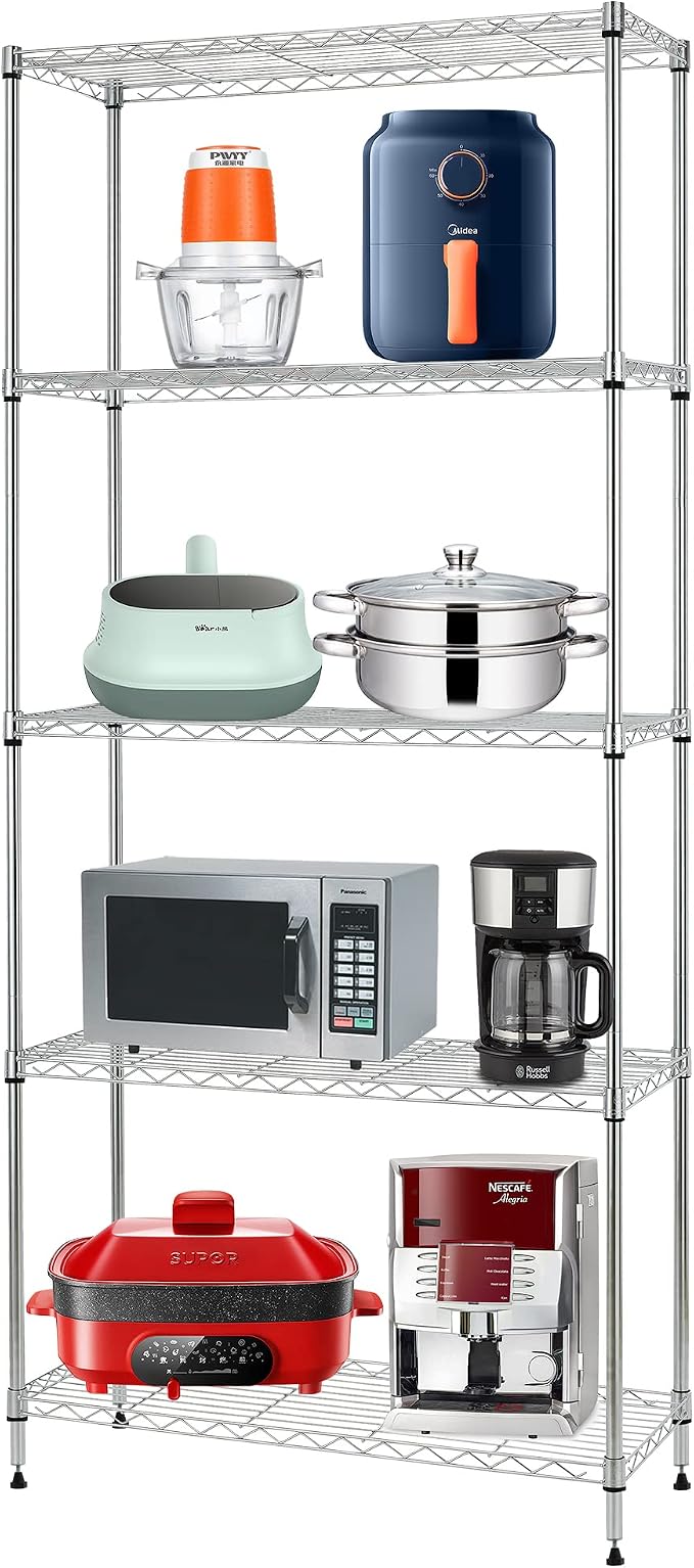 FDW | 5-Tier Wire Shelf | 24" x 14" x 60" | Chrome | Storage Shelves with Adjustable Racks, Holds upto 750 lbs | Rust-Resistant, No-Tool Assembly | For Home, Garage