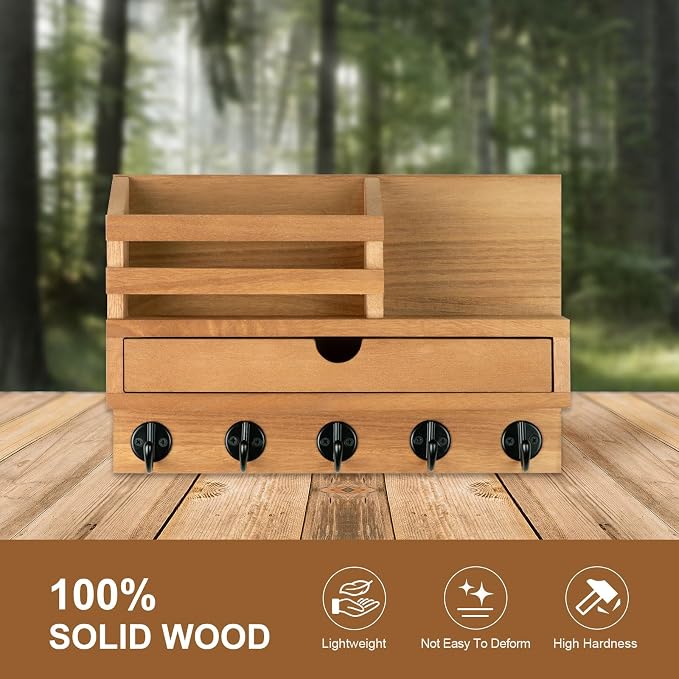 Key Holder Wall Mount, Mail Holder with Storage Drawer and 5 Key Hooks for Coat, Dog Leash, Home Decor Rack, House Accessories, Entry Way Organizer (Wood)