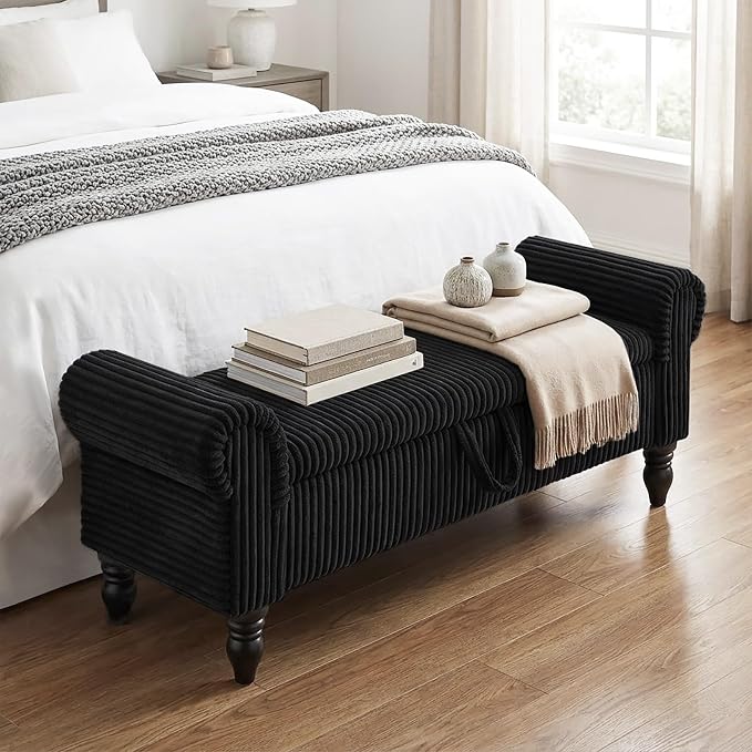 55" Corduroy Storage Ottoman Bench, Queen Bed, Black | End of Bed, Bedroom/Entryway/Closet, Window Seat, Lift-Top Storage, Tufted Button, Solid Wood Legs, for Queen & King