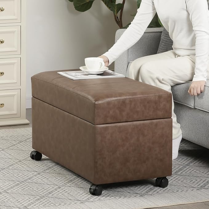 32" Leather Storage Ottoman Bench with Wheel, Rectangle Foot Rest Stool for Living Room, Bedroom, Entryway,Earthy Light Brown Veining