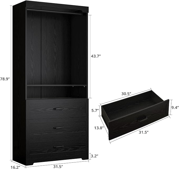 IRONCK Freestanding Closet System with Adjustable Shelves & 3 Drawers | Modern armoire wardrobe with adjustable shelves & hanging rod, walk-in closet organizer for small spaces, space-saving design
