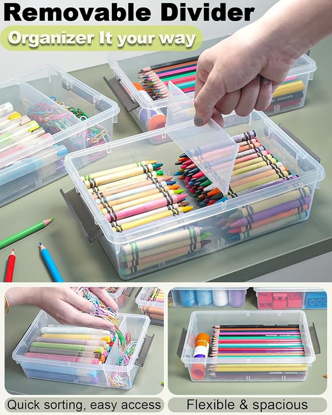 6 Pack Extra Large Pencil Box with Removable Divider, Thickened Pencil Case Bulk, Clear Crayon Marker Organizer Stackable Plastic Small Storage Containers for Pen Craft School Supplies(Grey)