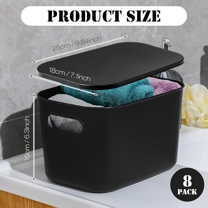 8 Pieces Colorful Storage Bins with Lid, Plastic Storage Basket Organizing Container Stackable Box with Handle for Shelves Desktop Playroom Office(9.8 x 7.1 x 6.3 Inch,Black)