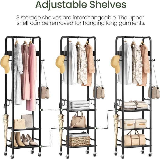 Coat Rack, Freestanding Coat Rack with 3 Shelves, Rolling Garment Rack with Wheels and Hooks, Coat Hanger Stand, Clothes Rack, Hanging Rod, for Entryway, Bedroom, Living Room, Black TYM17BB