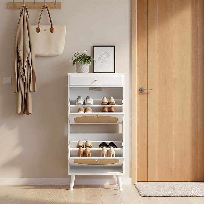 VINGLI Rattan Shoe Cabinet, White Slim Shoe Storage Cabinet for Entryway, Modern Boho 2 Flip Drawer Shoe Rack Organizer with Top Drawer, Narrow Hidden Shoe Storage for Hallway, 21.3" W x 9.4" D
