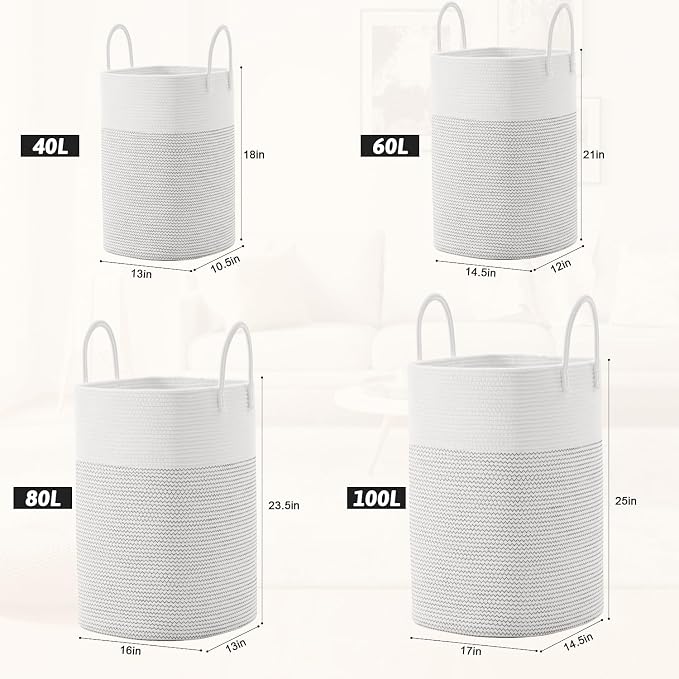 Artfeel Laundry Basket,Woven Cotton Rope Laundry Hamper,100L Versatile Storage for Dirty Clothes,Baby Toys,and Blankets in Bathroom, Nursery,and Living Room