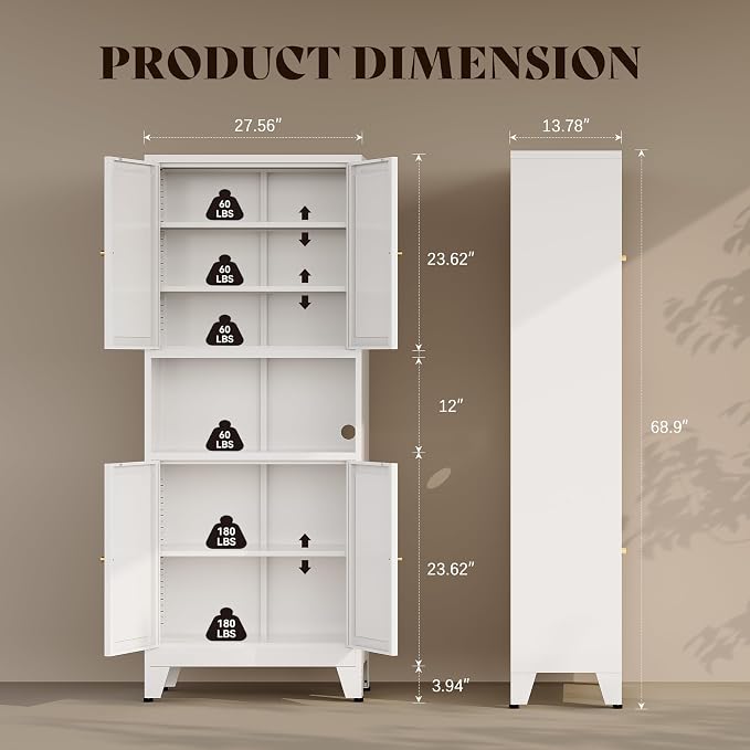 69" H Kitchen Hutch Cabinet with Storage,White Metal Storage Cabinet,Microwave Cabinet,Kitchen Pantry Cabinet with Countertop