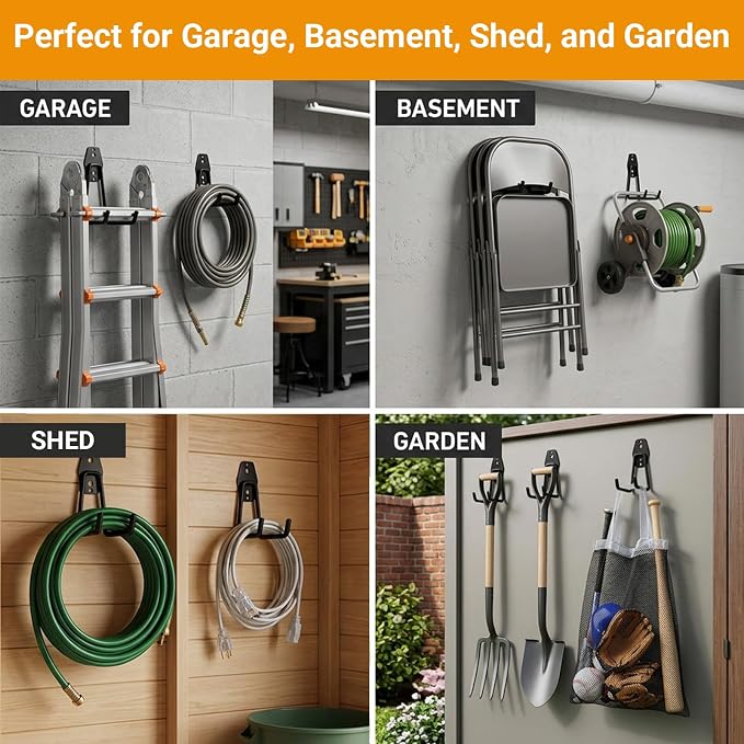 Garage Hooks, 12 Pack Wall Hooks for Hanging Heavy Duty Ladders, Bikes, Tools Ideal for Garage, Garden, Basement Utility Room Storage (Orange)