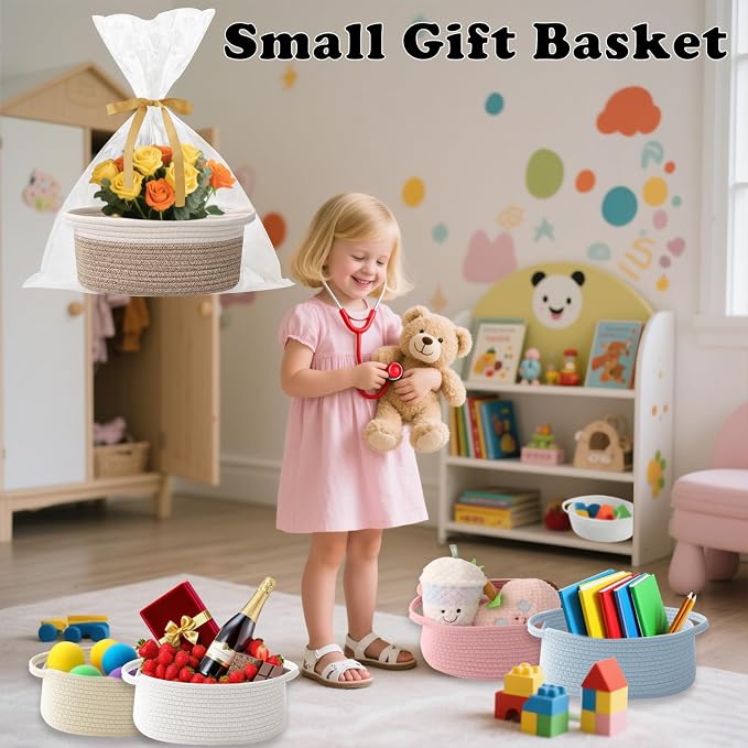 Woven Rope Basket - Baby Gift Basket with Bag & Ribbon, Mixed Brown | Cotton rope with handle, 12 x 8 x 5 in, gift bag and ribbon, for baby shower, birthday, toy storage, nursery, shelf decor