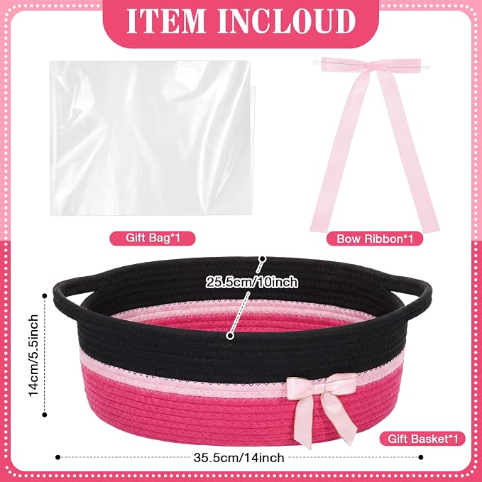 Colingmill 1 Set Woven Empty Basket for Gift,Black Hot Pink | with Cellophane Wrap Set, 14 x 10 x 5.5 Inch, Medium Decorative Gift Basket, Cotton Rope Storage Box, Home Decor
