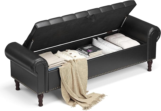 YOUDENOVA 60” Ottoman with Storage, Upholstered Storage Ottoman Bench with Rolled Arms, PU Leather Storage Bench for Bedroom, Living Room, Entryway, Black