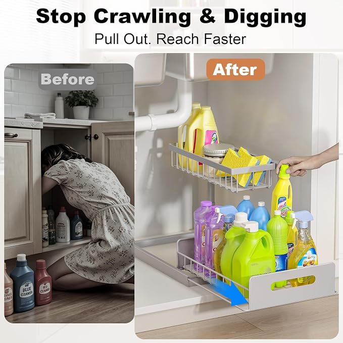 REALINN Under Sink Organizer, Pull Out Cabinet Organizer 2 Tier Slide Out Sink Shelf Cabinet Storage Shelves, Storage for Kitchen Bathroom, Grey, 1 Pack