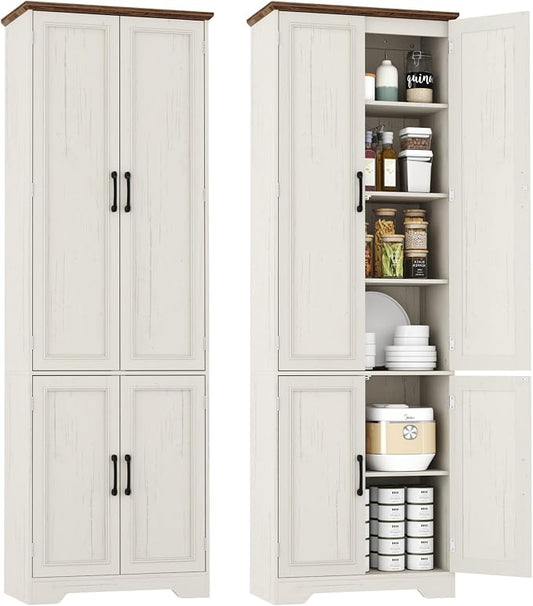 Function Home 72" Kitchen Pantry Cabinet, Tall Wood Farmhouse Storage Cabinet with Doors and Adjustable Shelves, 6 Tier Freestanding Cupboard for Kitchen Dining Living Room Bathroom, Antique White