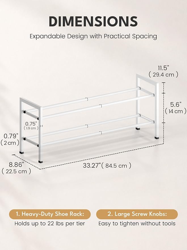 Bumusty 2 Tier Expandable Shoe Rack for Closet, White | 18"-33" Adjustable Shoe Rack for Entryway, Small Shoe Organizer for Dorm, Front Door, Sturdy Metal