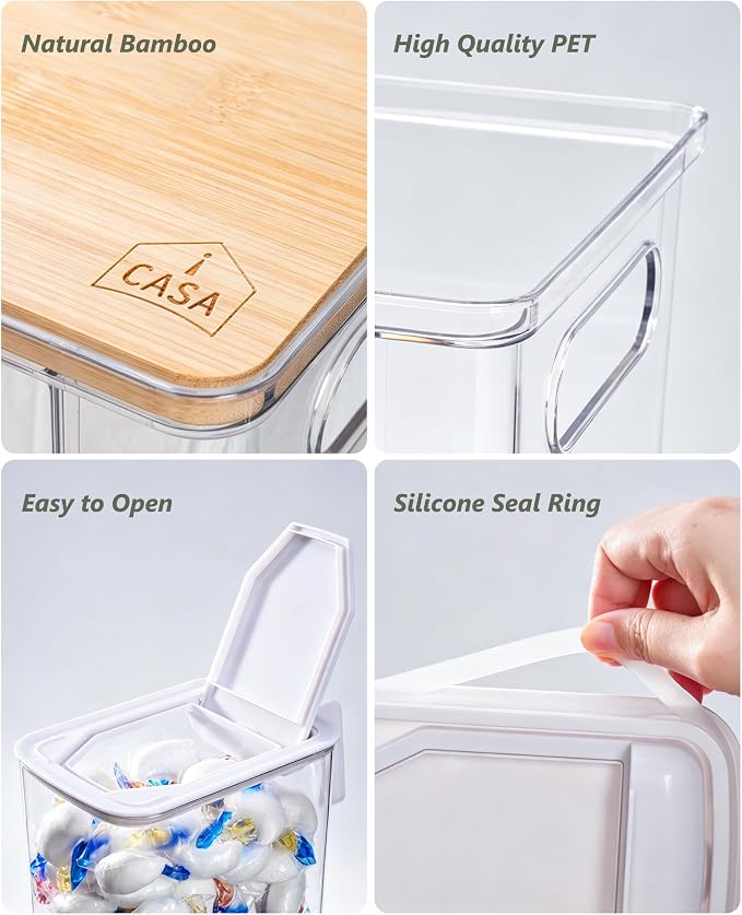 iCASA 3 in 1 Trash Bag and Dishwasher Pod Organizer Garbage Bags Dispenser | Large Acrylic Trash Bag Holder with Bamboo Lid, with 2 Pack Laundry Detergent Pods Container, Under Kitchen Sink Organizer
