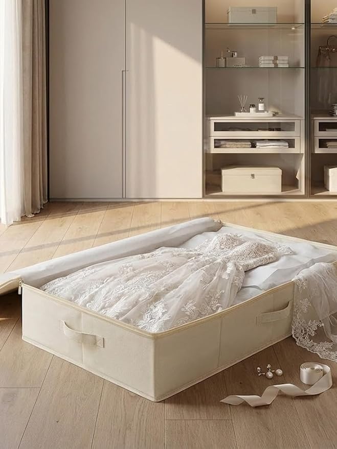 punemi Underbed Wedding Dress Storage Box, Wedding Dress Preservation Keepsake Trunk with Sturdy Zipper and Handles, Large Clothes Storage for Blankets, Pillows, Comforters & Quilts, Beige | Structured Keepsake Storage Trunk with Sturdy Zipper & Handle...