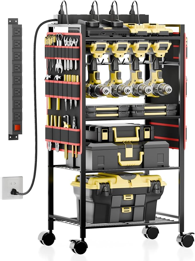 Power Tool Organizer Cart, Rolling Tool Storage Cart, Gift for Man, Red | CFMASTER 300 lbs Heavy Duty Utility Rack, 8AC charging station, Drill Holder & Power Tool organizer Cart on Wheels for Garage