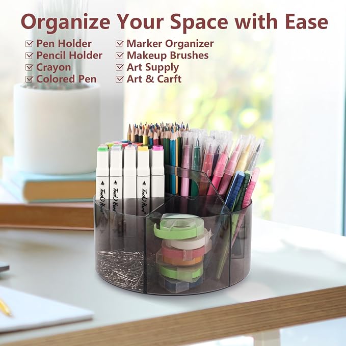 250pcs Acrylic Pencil Holder Marker Organizer, 360-Degree Rotating Pen Holder, Crayon Organizers for Kids Pencil Organizer Caddy Art Supply Kids Desk Organizers for Office Home School, Black