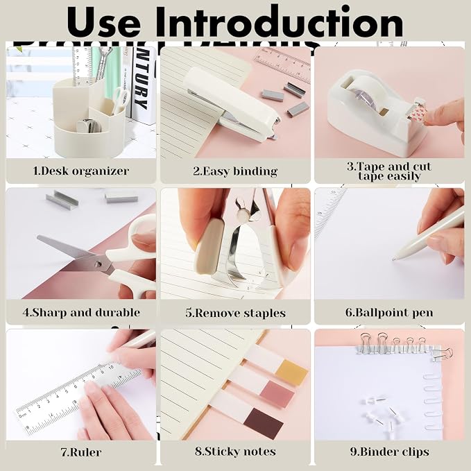 Beige Desk Accessories Office Supplies Set, 12 Pcs | 360° Rotating Pen Holder, Stapler, Tape Dispenser, Scissor, Sticky Notes, Binder Clips, Desk Organizers Gift for School