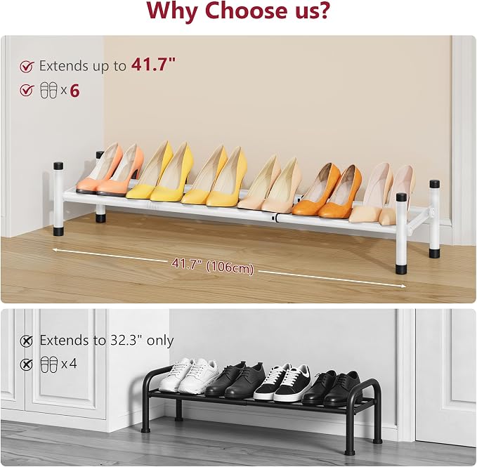 Expandable Shoe Rack for Closet 1 Tier, 28“-41“Stackable, White | Adjustable Shoe Organizer Closet Shoe Rack Floor, Metal Low Shoe Shelf Storage Entryway, Garage, Closet, Front Door Entrance