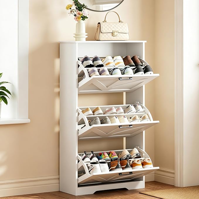 Homleke Farmhouse Shoe Cabinet for Entryway, 3 Barn-Style Flip Drawers | Narrow Shoe Storage Organizer, Top Display Shelf, Adjustable Shelves, Shoe Rack, for Hallway Closet, 24" Wide, White
