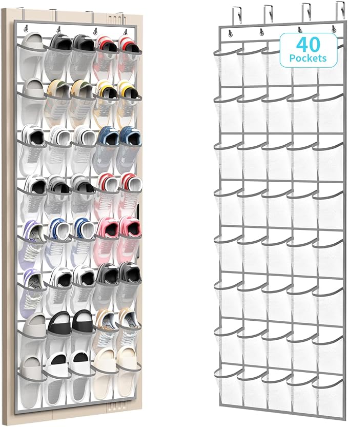 SAVERHO 40 Large Pockets Over the Door Shoe Organizer,Space-Saving Mesh Hanging Shoe Rack for Door Shoe Holder, Large Size 76.4" x 27.5" Ideal for Closet & Door Storage (White, 40 Pockets)