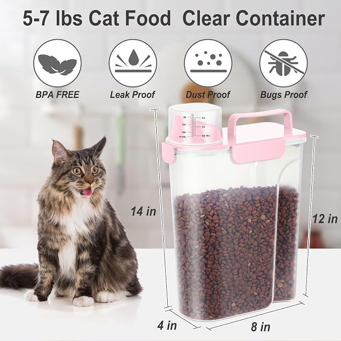Dog Cat Food Storage Container with Cup (Pink, 5L) | Pet Food Pourable Container Airtight with Large Spout, BPA-Free Plastic Food Dispenser for Pet Food, Bird Seed, Rice, Flour
