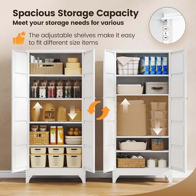 Yizosh Metal Storage Cabinet with 2 Doors and 4 Adjustable Shelves,- 71" White Kitchen Pantry Storage Cabinet for Kitchen,Dining Room,Living Room