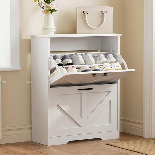 Homleke Farmhouse Shoe Cabinet for Entryway, 2 Barn-Style Flip Drawers | Narrow Shoe Storage Organizer, Top Display Shelf, Adjustable Shelves, Shoe Rack, for Hallway Closet, 24" Wide, White