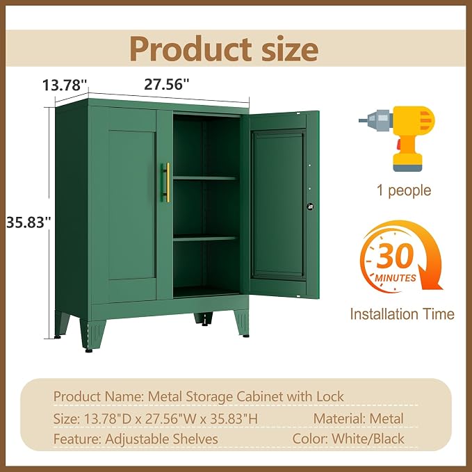 GAIOUS Green Metal File Cabinet with Lock(Two Units), Steel Storage Cabient | with 2 Doors and 2 Adjustable Shelves, Multifunctional Locked Cabinet for Home/Office/Garage/Tool Room, Accent Furniture
