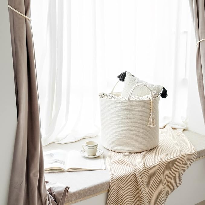 Mkono Woven Storage Basket Decorative Natural Rope Basket Wooden Bead Decoration for Blankets,Toys,Clothes,Shoes,Plant Organizer Bin with Handles Living Room Home Decor, White, 16" W × 13.8"L | White, Cotton, Decorative Basket with Handle, Wood Beads T...