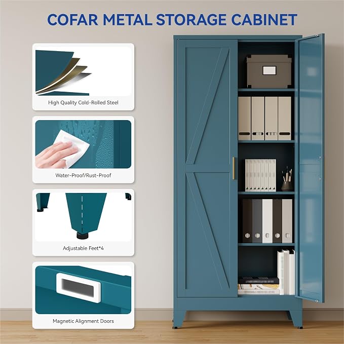 COFaR Metal Pantry Cabinet with Doors, Farmhouse 71'' Tall Storage Cabinet with 4 Adjustable Shelves, Kitchen Pantry Cabinet for Dinning Room, Laundry, Peacock Blue 5-Tier