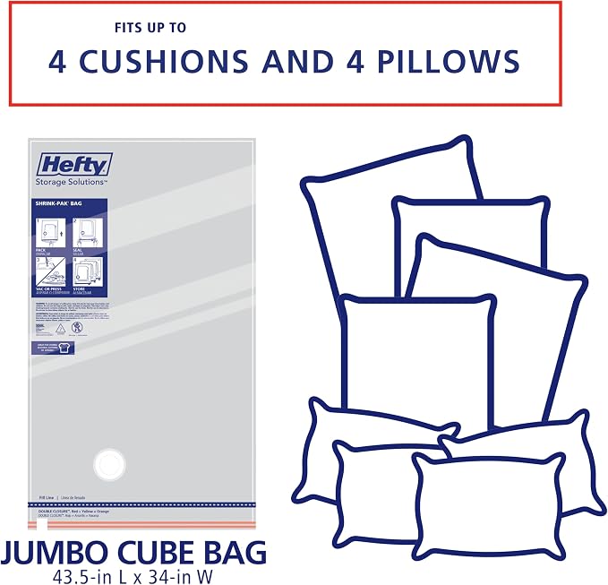 Hefty Shrink-Pak Vacuum Storage Bags – For Clothes, Pillows, Towels, Blankets & More – Space Saver Vacuum Suction Sealer Bags for Home or Travel – 4 Jumbo Cubes, 43.5 x 34 x 18 Inches