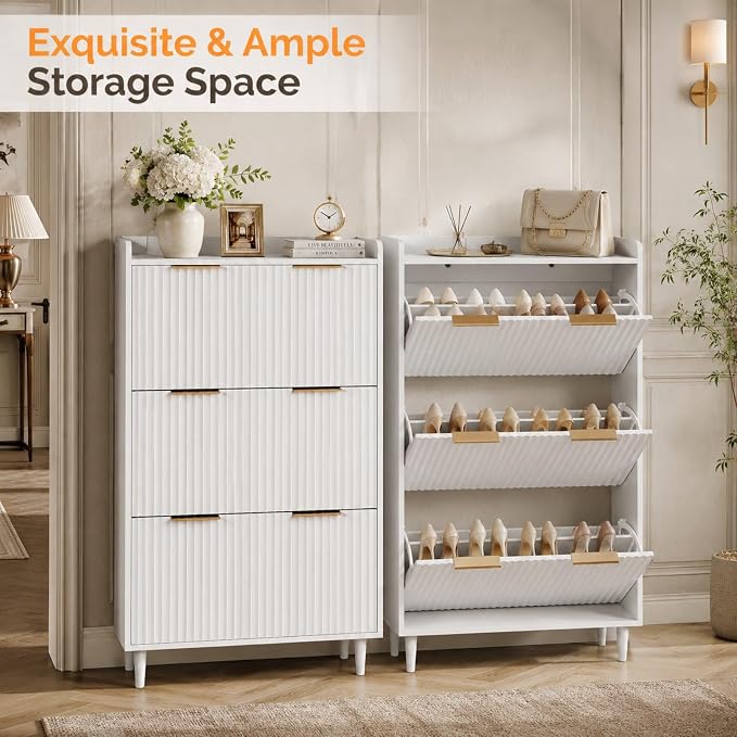 VINGLI White Fluted Shoe Storage Cabinet for Entryway with 3 Flip Drawers, Narrow Shoe Organizer with Fluted Panel, Modern Freestanding Wood Shoe Cabinet for Foyer, Hallway (White, 3 Flip Drawers)