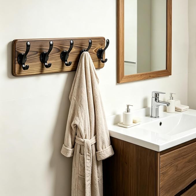 17" Coat Rack Wall Mount with 5 Metal Hooks, Rustic Wall Mounted Coat Rack | Pine Solid Wood Coat Hook Hanger - Wall Coat for Hanging Clothes Key Robes Towels Coats