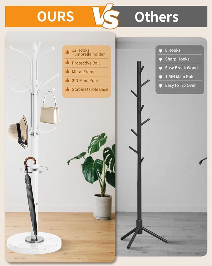 Modern Coat Rack Stand, Metal Freestanding Coat Rack with Natural Marble Base, Heavy-Duty Coat Racks with Umbrella Holder,White Coat Hanger Stand with 12 Hooks for Office, Entryway, Hallway