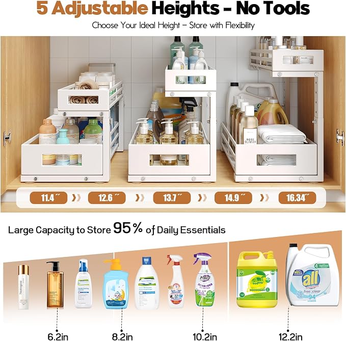 2-Pack 17"Deep Under Sink Organizer And Storage, 2-Tier L-Shaped Pull Out Cabinet Organizer with Upgraded Slide Rails, Height Adjustable Drawers for Kitchen&Bathroom, Extra-Large Storage Shelves–White