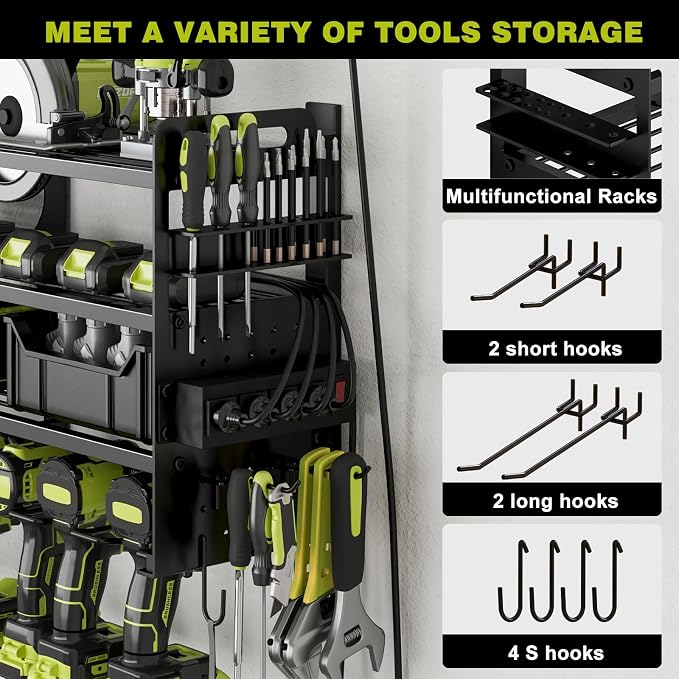 Power Tool Organizer Wall Mount, 12-Drill 4-Tier Charging Station, Black | Heavy-duty 4-Tier Metal Rack Stores 12 Drills; Side Pegboards and Screwdriver Slots Add Storage, Plus a 4-Outlet Power Strip