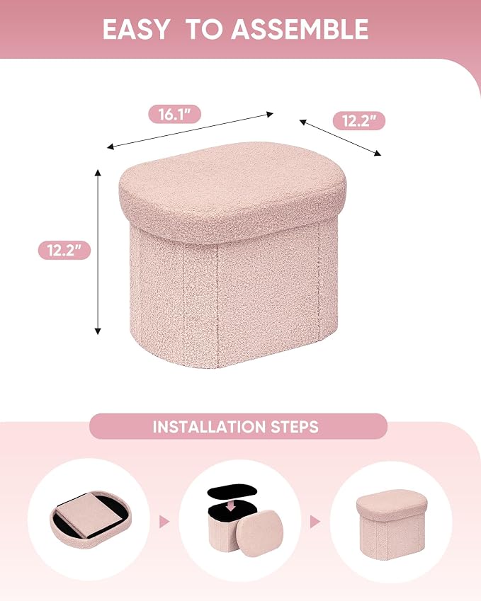 B FSOBEIIALEO Storage Ottoman for Dorm Room, Boucle Folding Storage Ottoman Foot Rest, 16.14 Inches Small Collapsible Ottoman Cube for Living Room Pink