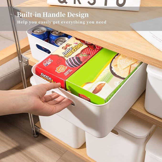 Yishyfier Plastic Storage Baskets Bins Boxes With Lids,Organizing Container White Storage Organizer Bins For Shelves Drawers Desktop Playroom Classroom Office,6-Pack(4M+2S)