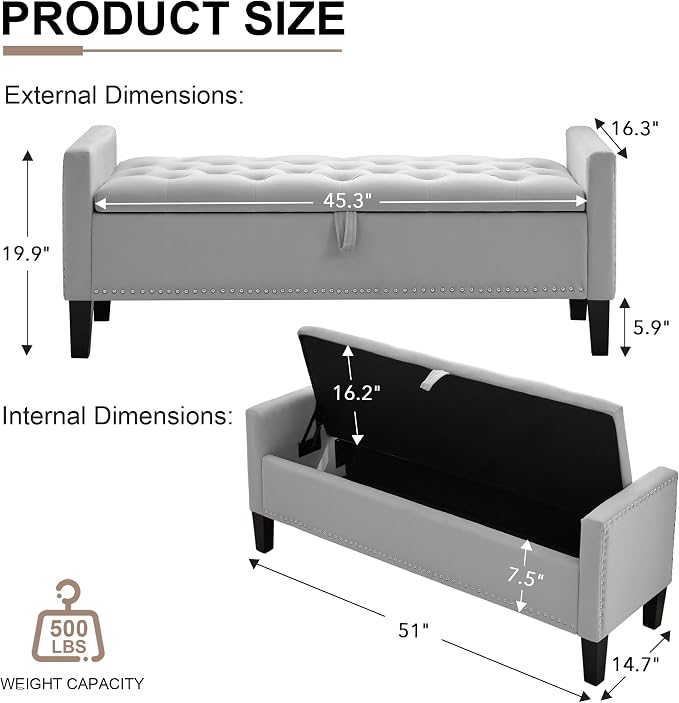 Storage Ottoman Bench, Velvet Upholstered Footstool for Bedroom and Living Room, Tufted Seat with Storage, Wooden Legs & Metal Rivets, Grey