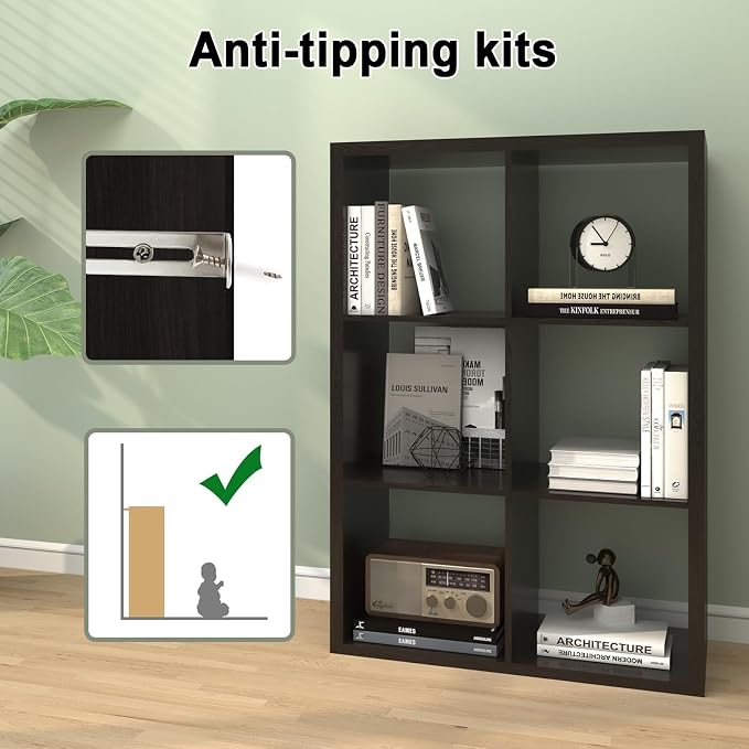 6 Cube Storage Organizer Shelf, Chocolate Color 13in | 2026 Wooden Thick Frame, Anti-Tipping Kits, Reversible Open Back Bookcase, Horizontal and Vertical Dual-use