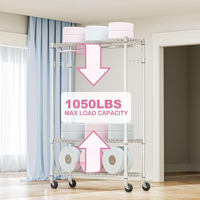M MZG Heavy Duty Rolling Garment Rack 3 Tiers Adjustable Wire Shelving Clothes Rack with 1 Rods and Side Hooks,Storage Closet Clothing Rack with Wheels Chrome 15.7" D x 45.3" W x 75.6" H