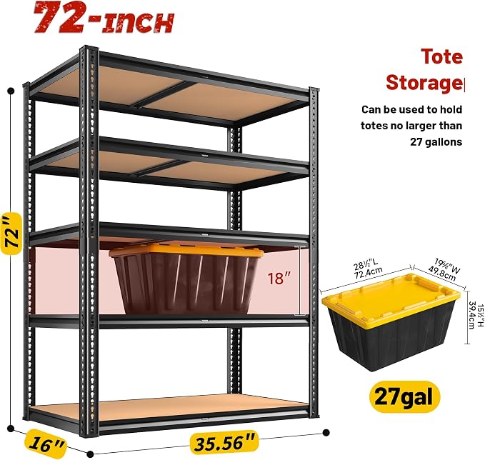 ROOMFAVE 5 Tier Storage Shelves, 2250LBS Heavy Duty Garage Shelving, Adjustable Metal Shelving Unit,Garage Storage Shelves for Pantry Basement Kitchen Warehouse,72" H x 35.56" W x 16" D Black