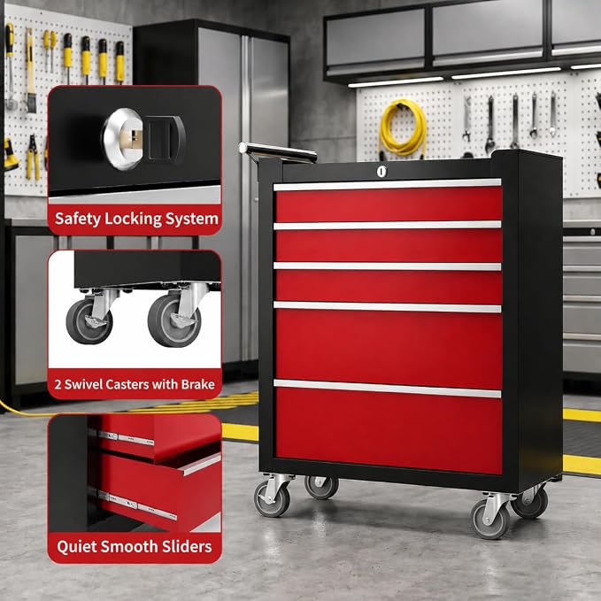 Garvee Rolling Tool Chest, 5 Drawers Tool Storage Cabinet, Toolbox with Wheels, Portable Tool Cabinet Organizer with Locking System & Drawer Liners, Tool Storage Cart for Garage, Workshop, Black＆Red
