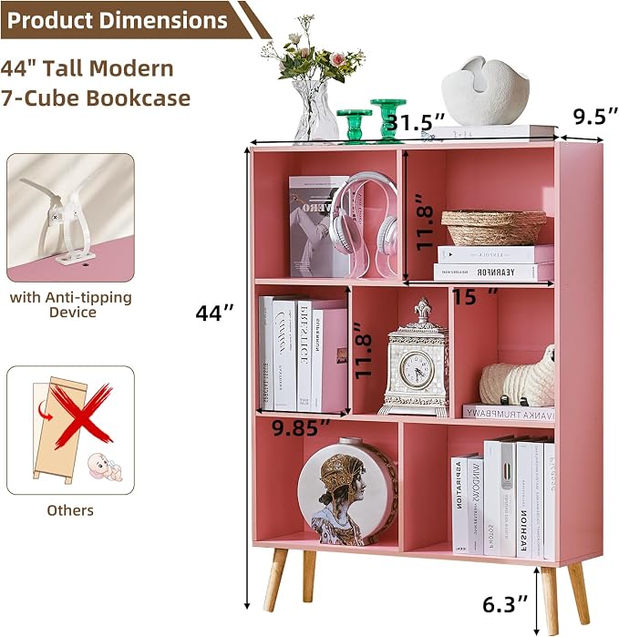 LEYAOYAO Cube Bookshelf, Mid-Century Modern Book Shelf with Legs,Light Pink | 3 Tier Bookcase, Rustic Wood Bookshelves Freestanding Small Storage Organizer, Open Shelves for Bedroom, Living Room, Office