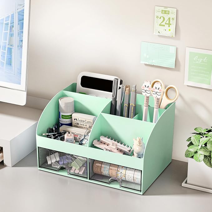 COMFYROOM Desk Organizer with 6 Compartments and 2 Drawers, Plastic Makeup Organizer, Pen Holder for Desktop Storage, Desk Organization for School, Home, Office Supplies (Mint Green)