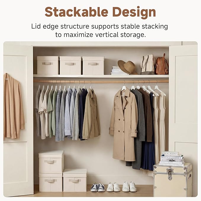 StorageWorks Fabric Storage Bins with Lids, Decorative Storage Bins with PU Handles, Foldable Storage Baskets for Closet, Shelves, Stackable and Sturdy Organization, Beige(Cotton Linen), Large, 3-Pack