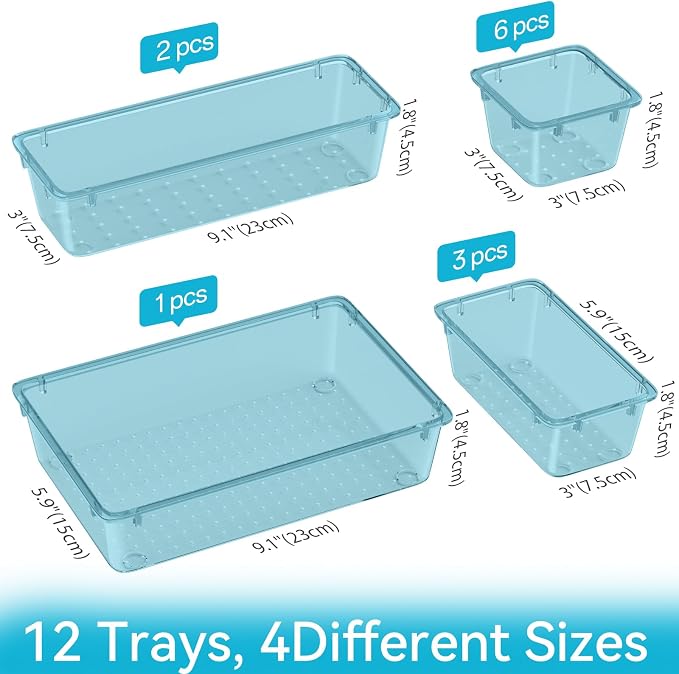 ElegantArray 12 PCS Drawer Organizer Set, Makeup Organizers, Sea Blue | 4 Sizes, Plastic, Stackable, Multiple Gadgets, Desk Drawer Divider Organizers, for Makeup, Office Supplies Storage